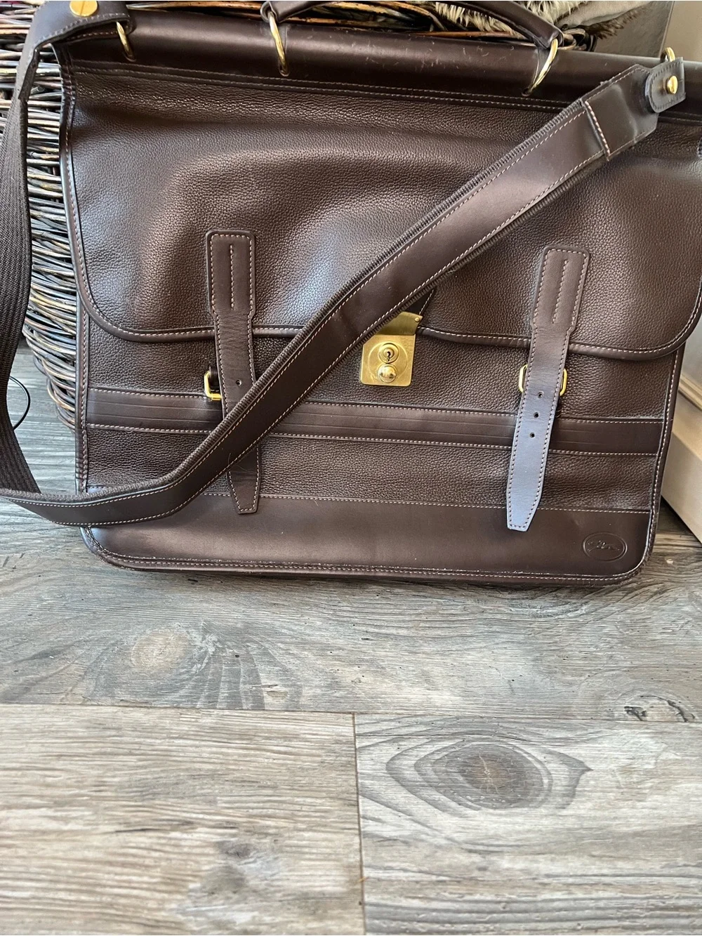 Longchamp Dark Brown Leather Briefcase with Gold Hardware